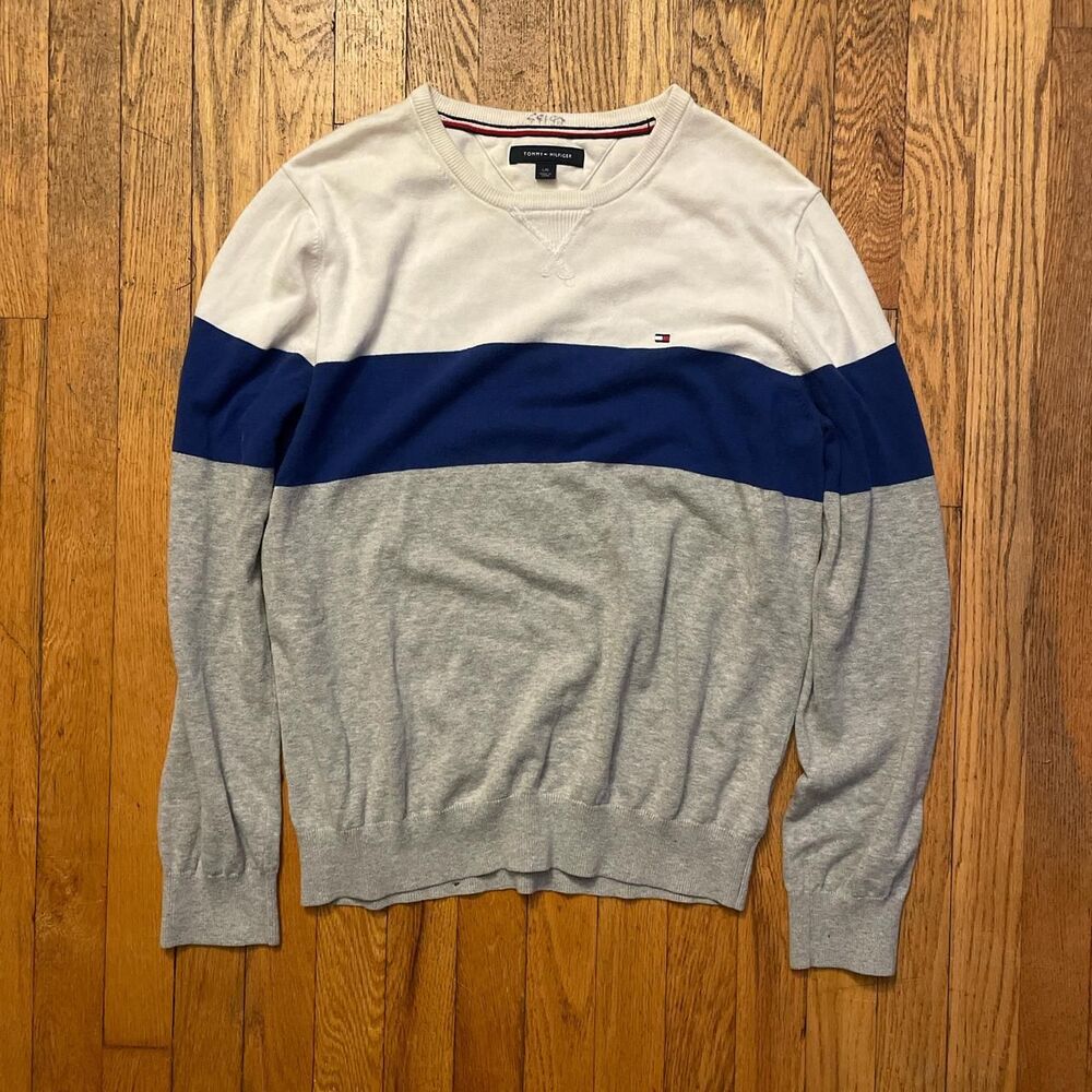 tommy hilfiger white blue and gray striped longsleeve men’s sweater size large